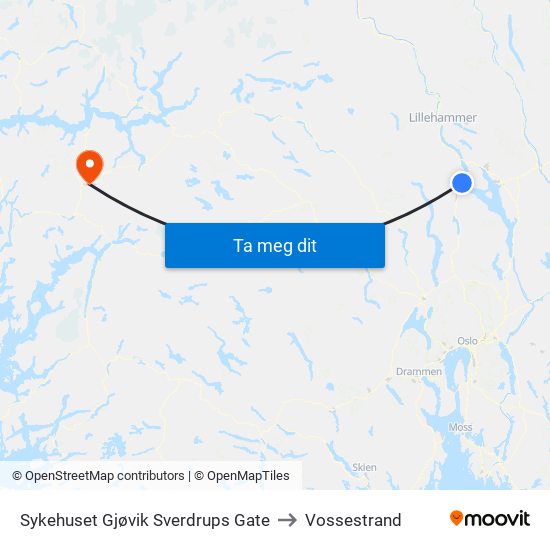 Sykehuset Gjøvik Sverdrups Gate to Vossestrand map