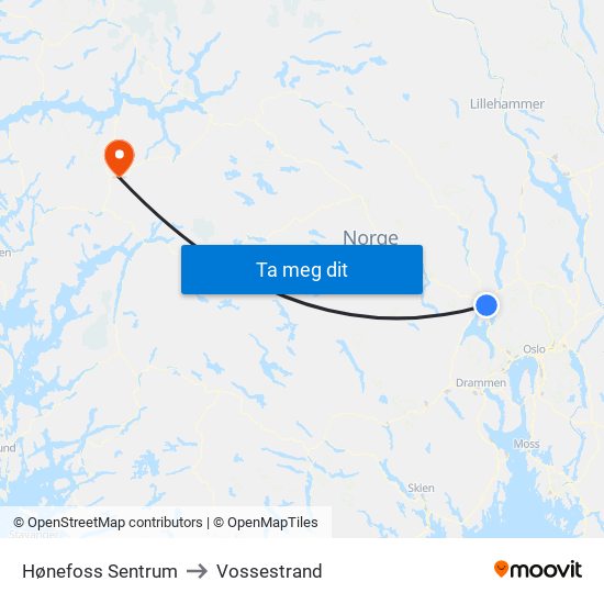 Hønefoss Sentrum to Vossestrand map