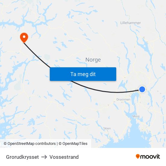 Grorudkrysset to Vossestrand map