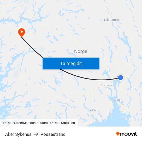 Aker Sykehus to Vossestrand map
