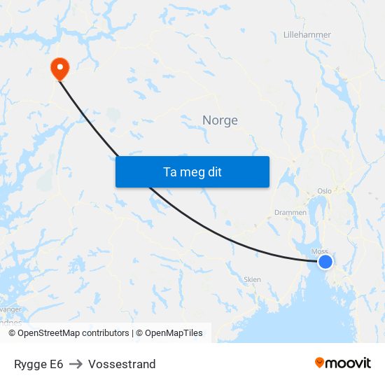 Rygge E6 to Vossestrand map