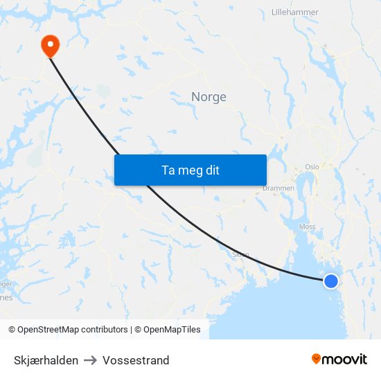 Skjærhalden to Vossestrand map