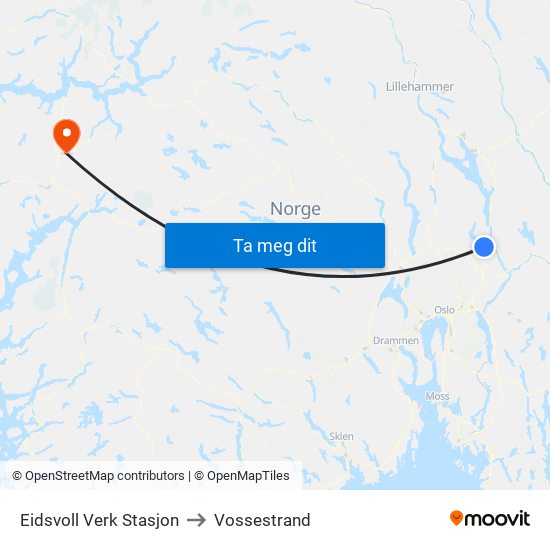 Eidsvoll Verk Stasjon to Vossestrand map