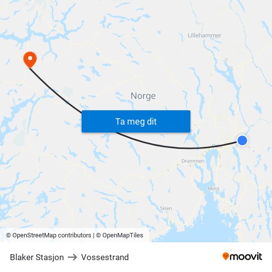 Blaker Stasjon to Vossestrand map