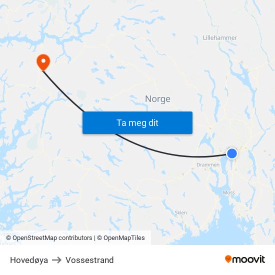 Hovedøya to Vossestrand map