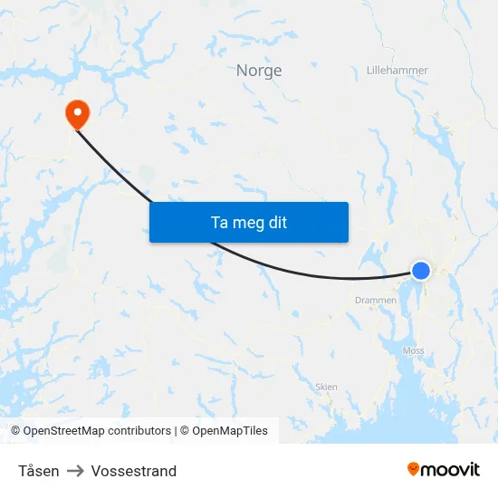 Tåsen to Vossestrand map
