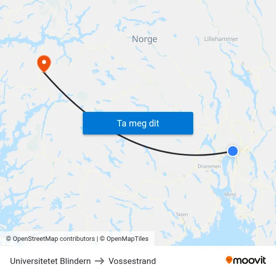 Universitetet Blindern to Vossestrand map