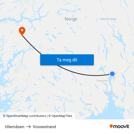 Ullernåsen to Vossestrand map