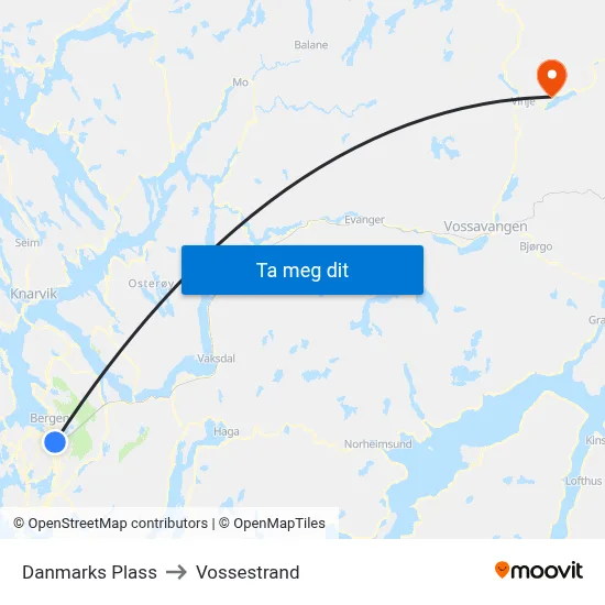 Danmarks Plass to Vossestrand map