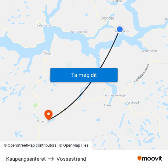 Kaupangsenteret to Vossestrand map