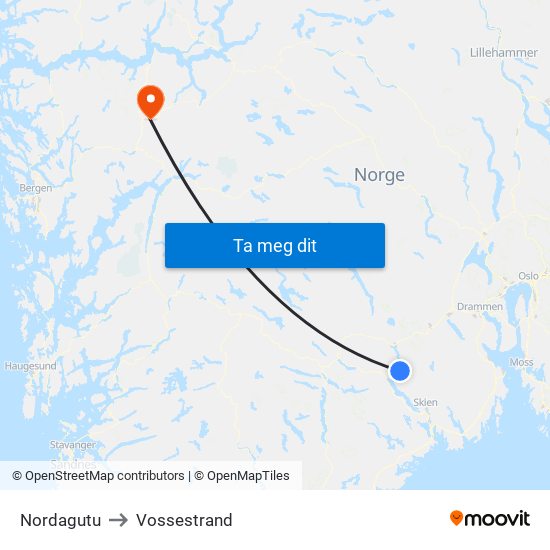 Nordagutu to Vossestrand map