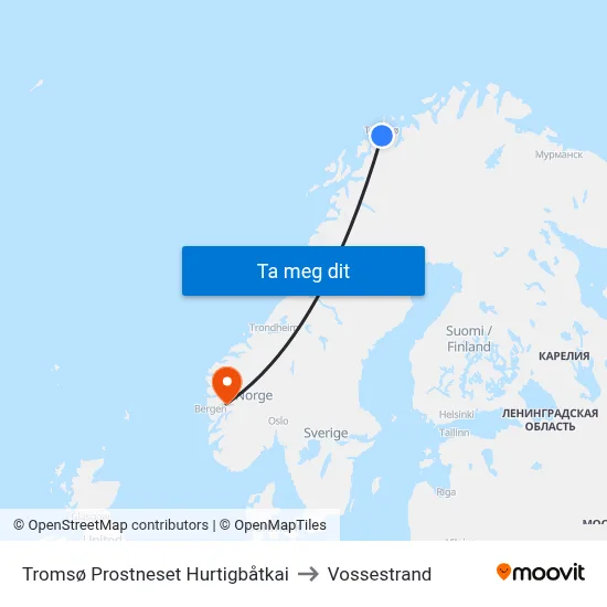 Tromsø Prostneset Hurtigbåtkai to Vossestrand map