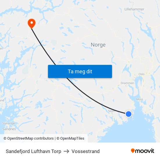 Sandefjord Lufthavn Torp to Vossestrand map