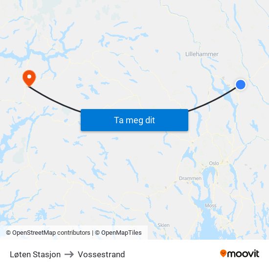Løten Stasjon to Vossestrand map