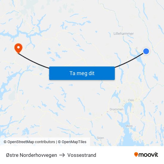 Østre Norderhovvegen to Vossestrand map