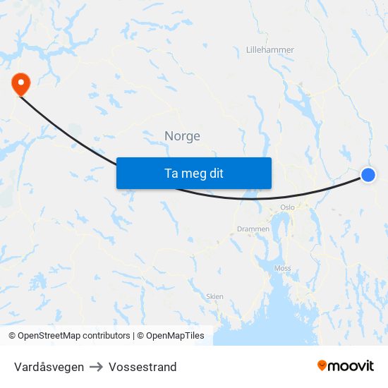 Vardåsvegen to Vossestrand map