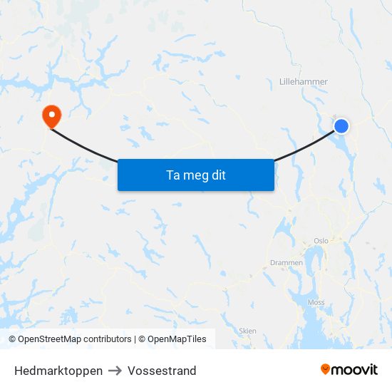 Hedmarktoppen to Vossestrand map