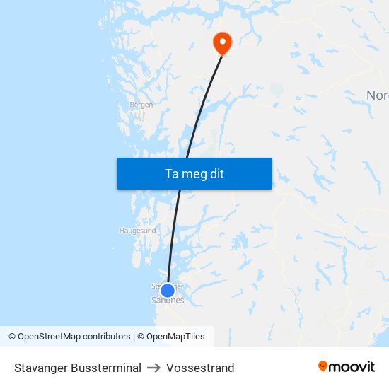 Stavanger Bussterminal to Vossestrand map