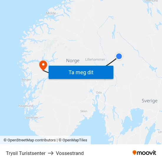 Trysil Turistsenter to Vossestrand map