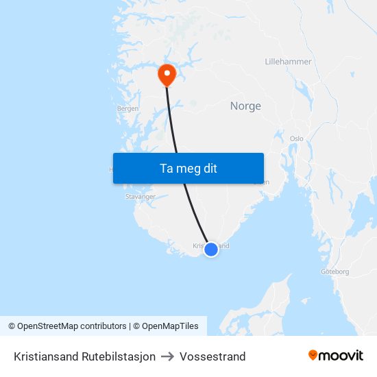 Kristiansand Rutebilstasjon to Vossestrand map