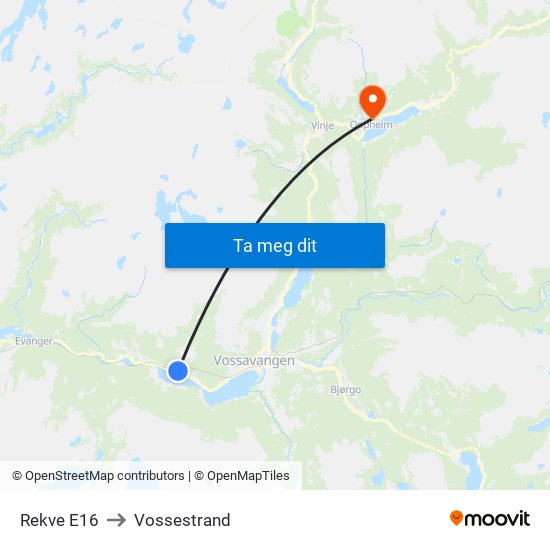 Rekve E16 to Vossestrand map