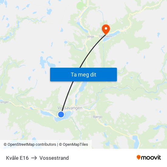 Kvåle E16 to Vossestrand map