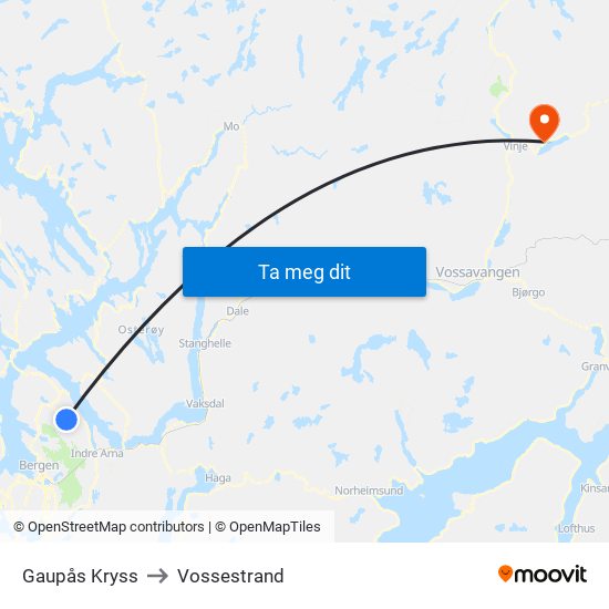 Gaupås Kryss to Vossestrand map