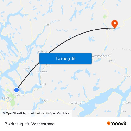 Bjørkhaug to Vossestrand map