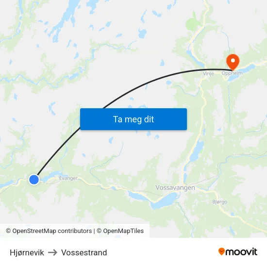 Hjørnevik to Vossestrand map