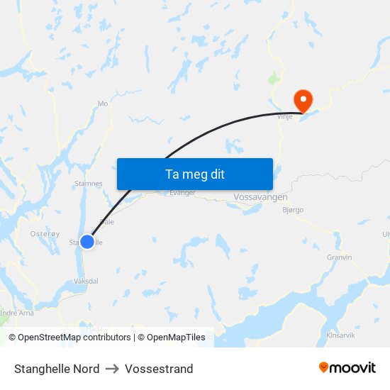 Stanghelle Nord to Vossestrand map