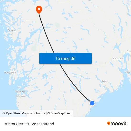 Vinterkjær to Vossestrand map