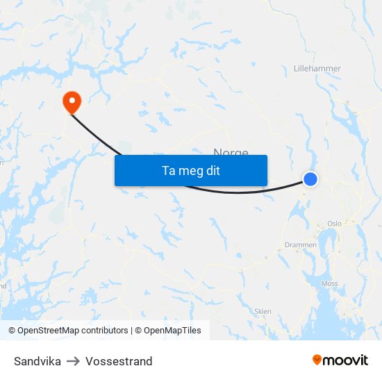 Sandvika to Vossestrand map