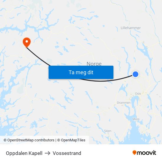 Oppdalen Kapell to Vossestrand map