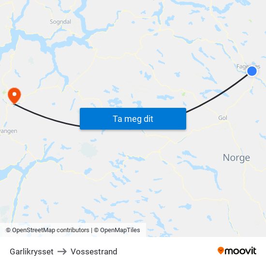 Garlikrysset to Vossestrand map