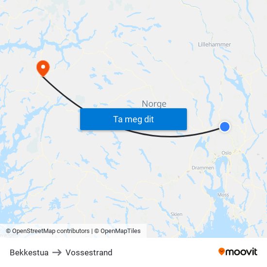 Bekkestua to Vossestrand map