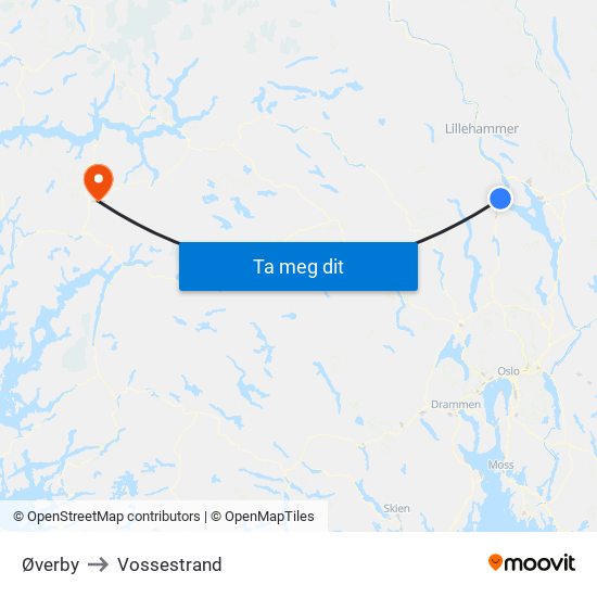 Øverby to Vossestrand map