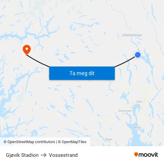 Gjøvik Stadion to Vossestrand map