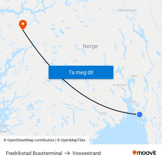Fredrikstad Bussterminal to Vossestrand map