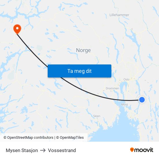 Mysen Stasjon to Vossestrand map