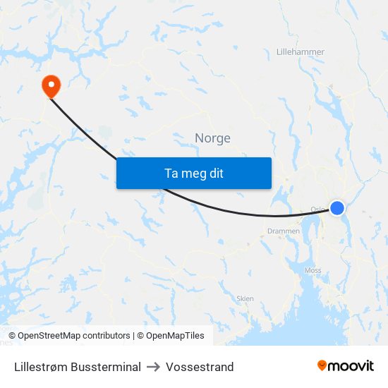 Lillestrøm Bussterminal to Vossestrand map