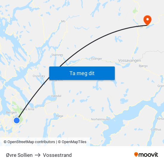 Øvre Sollien to Vossestrand map