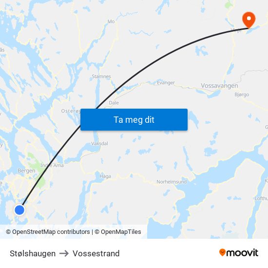 Stølshaugen to Vossestrand map