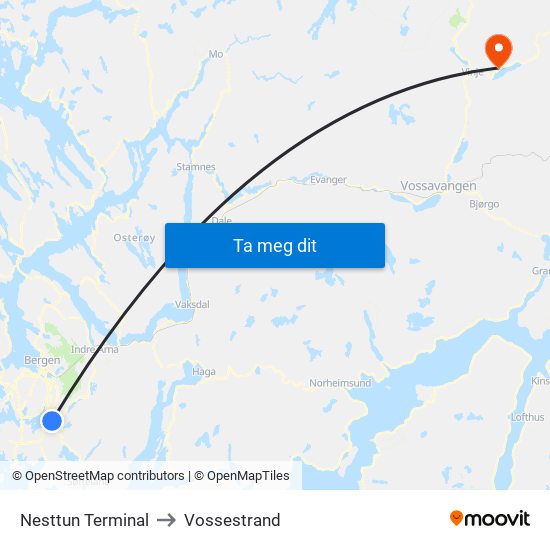 Nesttun Terminal to Vossestrand map