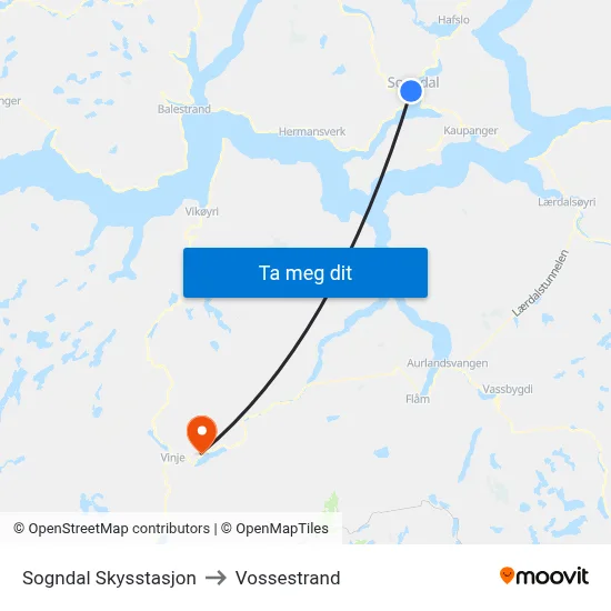 Sogndal Skysstasjon to Vossestrand map