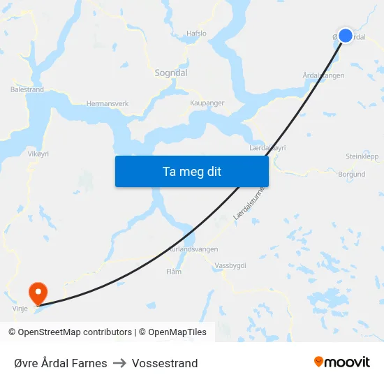 Øvre Årdal Farnes to Vossestrand map