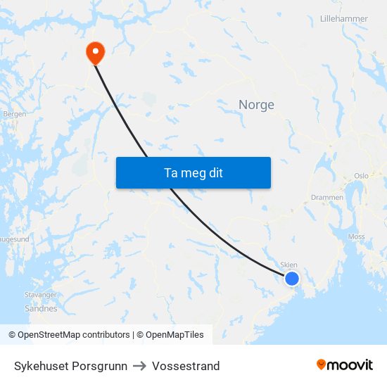 Sykehuset Porsgrunn to Vossestrand map