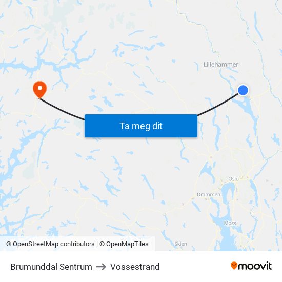 Brumunddal Sentrum to Vossestrand map