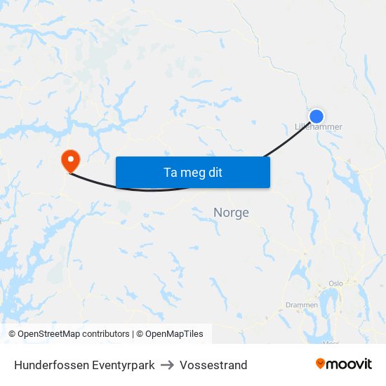 Hunderfossen Eventyrpark to Vossestrand map