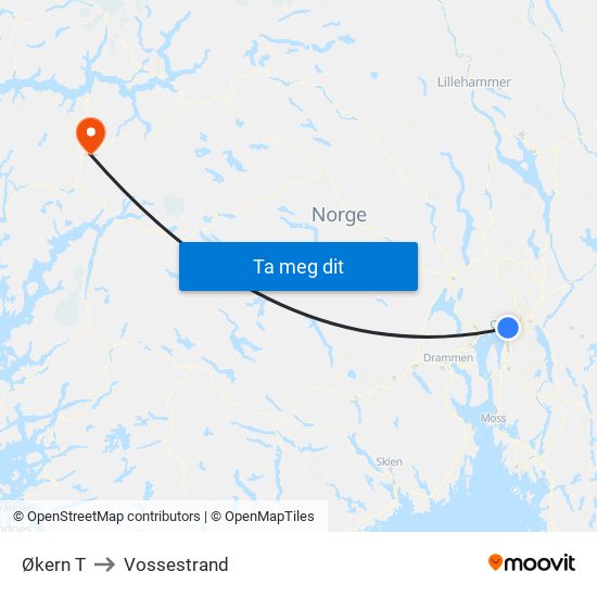 Økern T to Vossestrand map