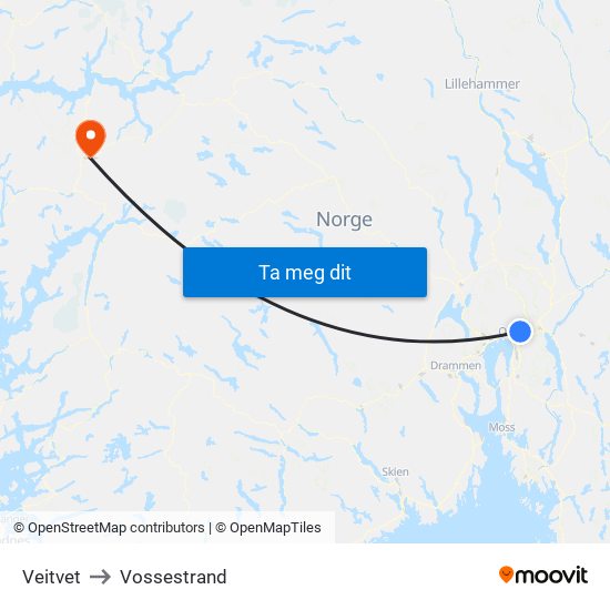 Veitvet to Vossestrand map